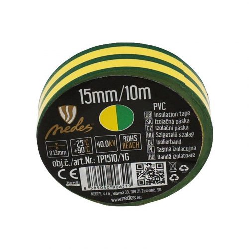 Szigetelőszalag 15 mm / 10 m zöld/sárga PVC - TP1510/YG